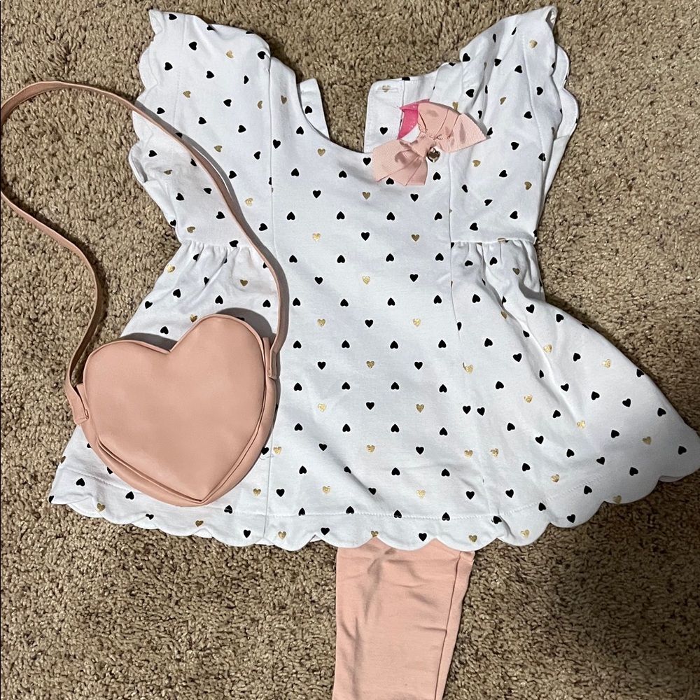 Isaac Mizrahi White Heart Print Dress with Pink Heart Bag and matching Pants